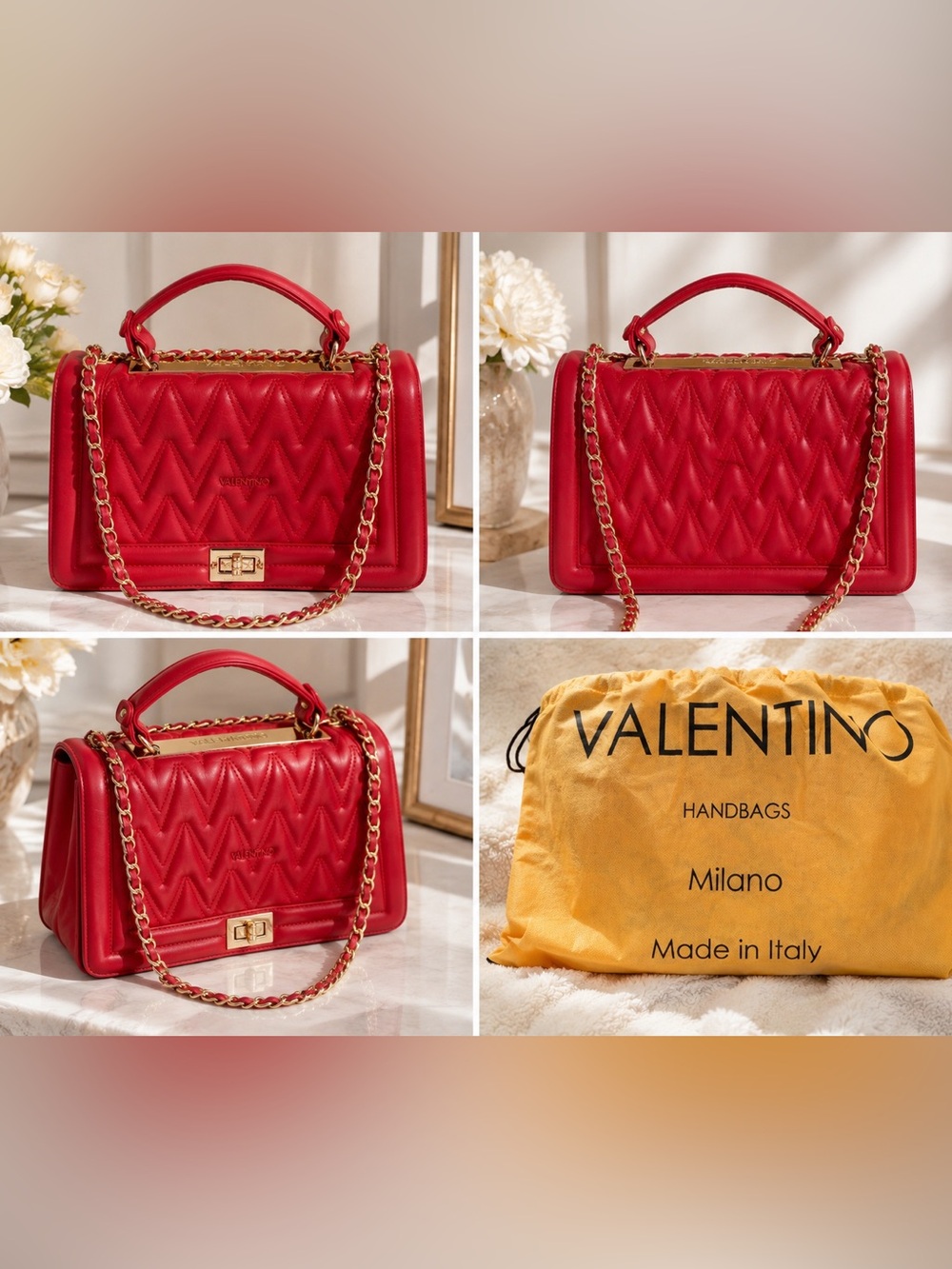 Valentino Red Quilted Chain Crossbody Bag with Gold Hardware